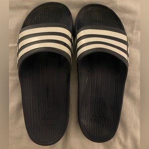Navy and White Adidas slides Men’s 10